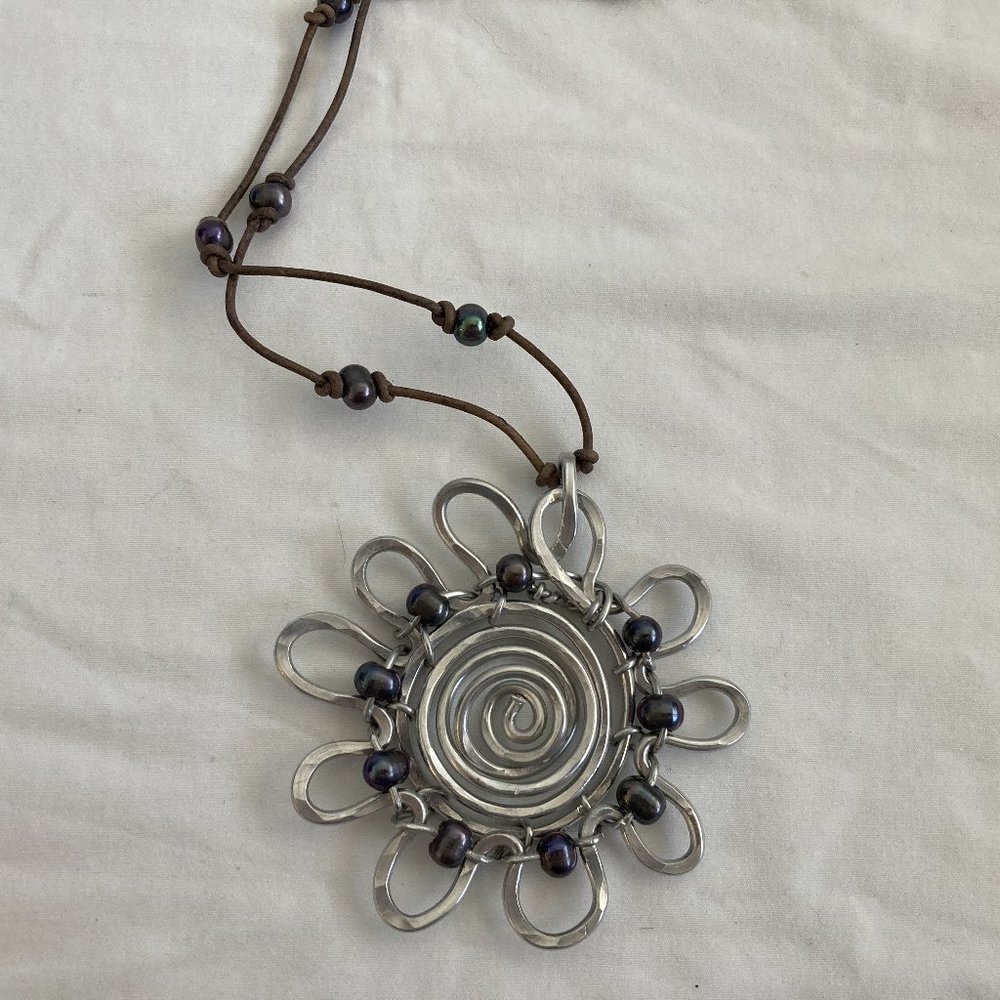 Hammered Aluminum Sunflower Peacock Pearls Strung by Meigsart